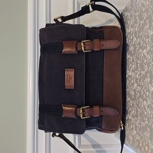 Fossil Men's "Canyon" Commuter Canvas Messenger Navy Blue and Brown Laptop Bag